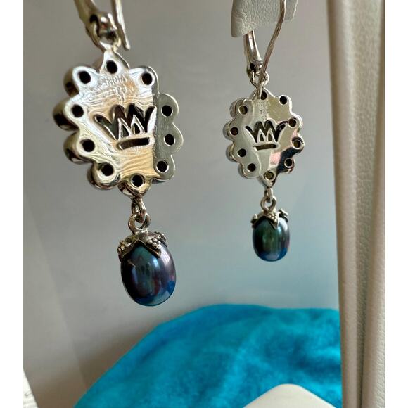 Sterling Silver Labradorite & Peacock Freshwater Pearl Dangle Earrings - Picture 3 of 7